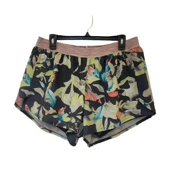 Avia Women's Charcoal White Tropical Print Poly/Spandex 2Fer Athletic Shorts - Picture 2 of 9